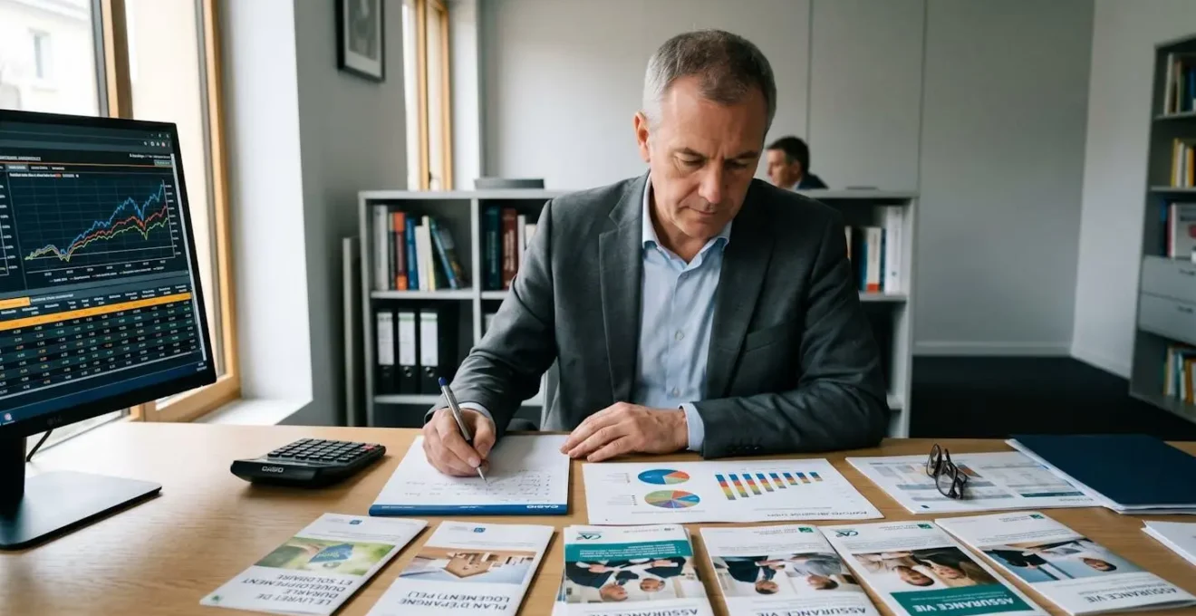 Bureau de conseiller patrimoine avec graphiques de diversification et brochures de produits d'épargne français