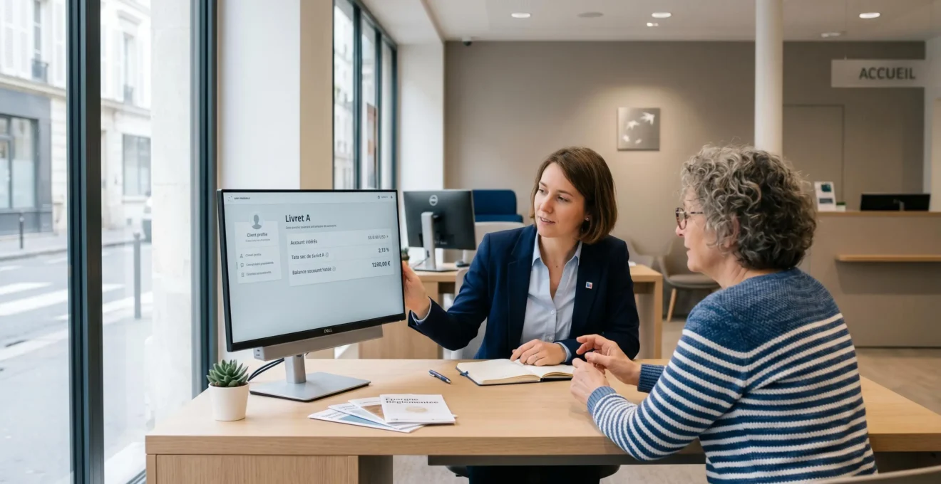 Conseiller bancaire présentant les détails du Livret A à un client dans une agence moderne