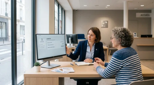 Conseiller bancaire présentant les détails du Livret A à un client dans une agence moderne